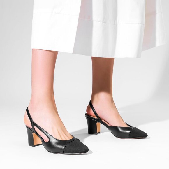 🆕Women Black Faux Leather Closed Round Toe Low Chunky Heel Slingback Pumps Shoe - Picture 6 of 7